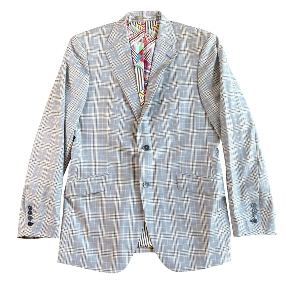 Custom Marzoni Italy Mens Blue Plaid Sport Coat Blazer Bold Abstract Lining‎ 42R